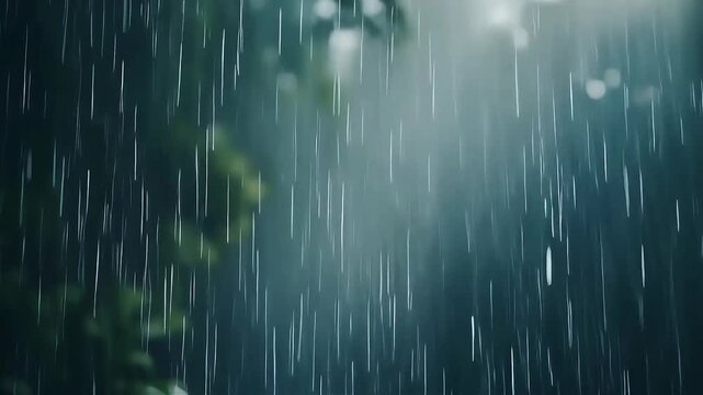 Gentle rain falling with soft raindrops and blurred green background, calming cinematic rainfall texture &mdash; perfect for meditation, wellness, nature & relaxing ambient videos.