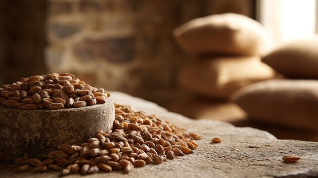 Heap of hulled emmer grains beside traditional stone mill, rustic agricultural still life, ancient wheat kernels with matte texture, warm window light grazing surfaces, shallow depth of field