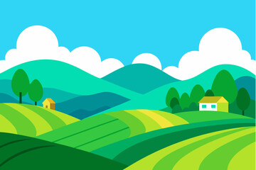 Fototapeta premium Serene countryside landscape with rolling hills and houses