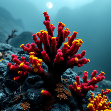 Crinoide giallo e nero aggrappato ad un corallo rosso