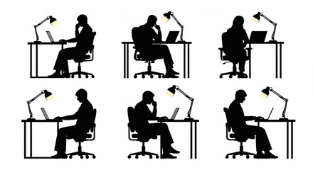 Vector Silhouette Set of Office Workers Sitting at Desks &ndash; Different Laptop and Computer Postures for Professional Work