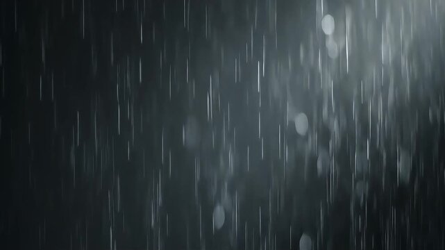 Dark cinematic rain falling against neutral backdrop with soft bokeh and moody light &mdash; clean atmospheric rainfall texture perfect for ads, meditation & motion graphics.