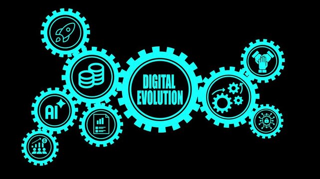 Interconnected blue gears with representing artificial intelligence enabled growth finance data analysis teamwork and innovation on a black background