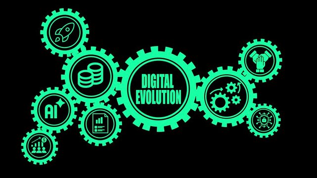 Interconnected teal gears with representing artificial intelligence enabled growth finance data analysis teamwork and innovation on a black background