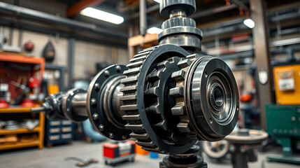 Industrial close-up of crankshaft component, steel counterweights and bearings in high detail, workshop tools and mechanical equipment softly blurred, overhead lighting emphasizing