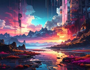 A vibrant digital landscape with a futuristic city. Mountains reflect in water below a sunset sky with clouds and glowing architecture
