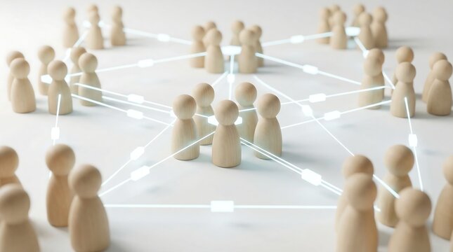 Numerous wooden peg figures are strategically arranged on a white surface, forming a complex network of interconnected glowing lines, symbolizing social and business connections.