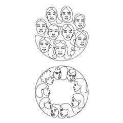 Continuous line art of diverse women faces in circular composition representing unity and female empowerment