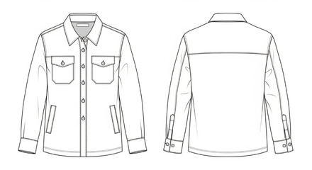 Men&rsquo;s Denim Jacket Technical Flat Illustration &ndash; Front and Back Views with Pockets, Buttons, Collar, and Long Sleeves