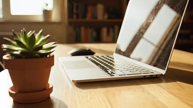 Laptop on Wooden Desk with Coffee Cup and Plant.