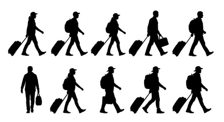 Obraz premium Women Traveler Silhouettes Illustration – Walking Females Pulling Rolling Suitcases, Travel and Tourism Lifestyle Vector