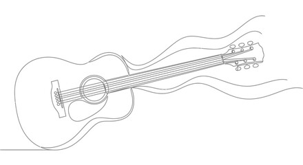 Acoustic Guitar Continuous Line Art Drawing Isolated on White Background