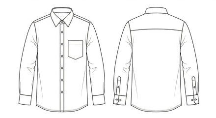 Men&rsquo;s Long Sleeve Button-Down Shirt &ndash; Fashion Flat Sketch Showing Front and Back Views, Collar, Pocket, Cuffs, and Stitching Details