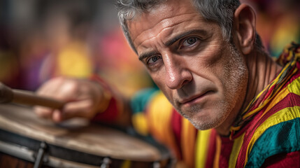 Obraz premium Man playing drum during lively Carnaval celebration in Torres Vedras, Portugal with colorful costumes