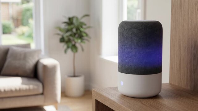 Smart home voice speaker wooden shelf sunlit living room with sofa and plant creating cozy modern atmosphere and smart speaker wooden shelf modern