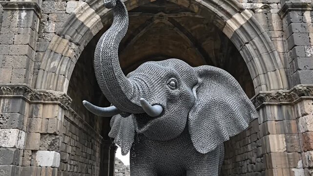 Sculpted metal elephant installation standing before ancient stone archway