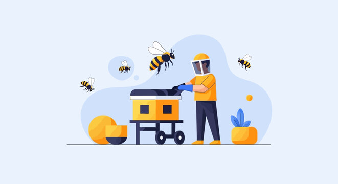 Beekeeper in protective suit tending to a beehive with bees flying around