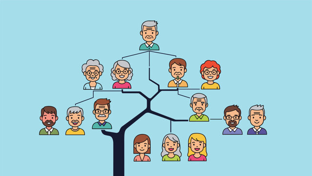Detailed family tree diagram showing multiple generations of diverse people connected by branches on a blue background.