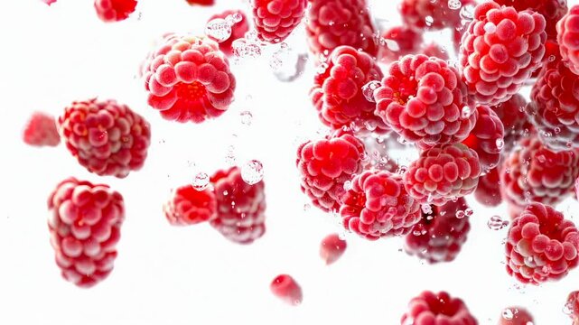 Berry effervescent drink. Fruits floating in fizzy water evoke lively summer sensations. Crisp raspberries suspended in sparkling beverage capturing essence of refreshing summer days