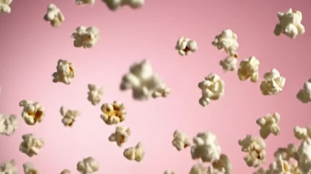 A video showcasing a close up of freshly popped popcorn against a vibrant pink background
