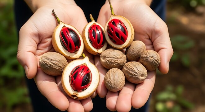 Fresh Opened Nut Shells with Red Kernel Inside Handheld