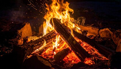 Close-up of flames engulfing logs in a crackling campfire at dusk