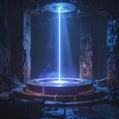 A glowing pillar of light descends into an ancient stone chamber