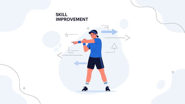 Woman practicing martial arts for skill improvement, progress arrows, abstract background