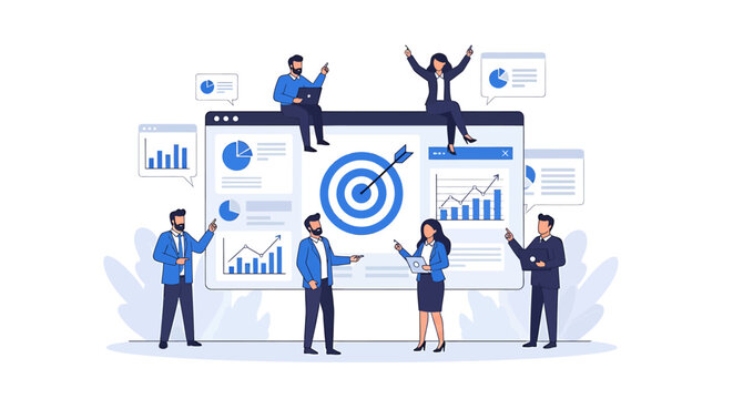 Business team achieving goals with data analysis and strategy.