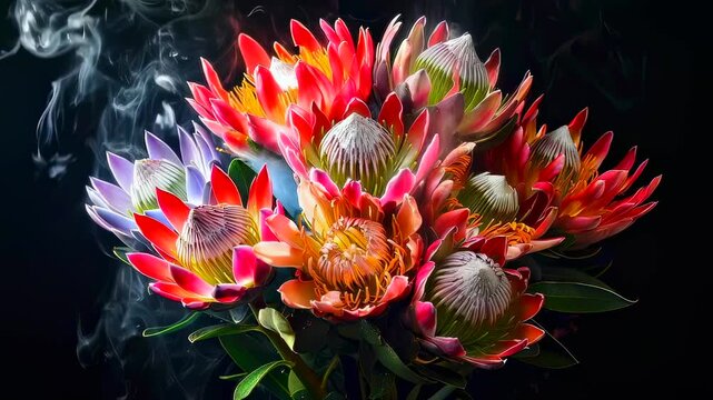 Exotic flower arrangement with smoky hues. Richly hued protea bouquet featuring drifting smoke effects. Dramatic botanical composition showcasing textured protea with smoky accents