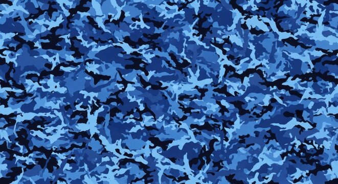 A seamless pattern of blue, sky blue camouflage, perfect for military wear designs. The camo design is dense with intricate details, creating an eye-catching effect on the fabric surface.