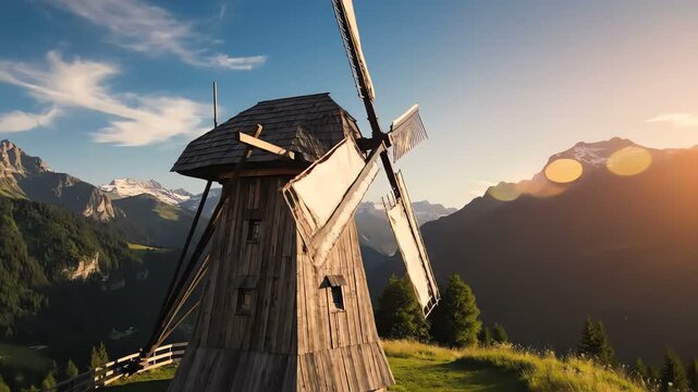 Rustic wooden windmill on a grassy hillside with a mountainous background under a clear sky during daytime with sunlight reflecting off the peaks