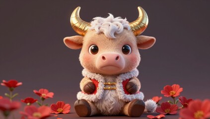 Fototapeta premium Adorable cartoon ox with golden horns and red festive coat sits amongst red flowers