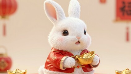 Obraz premium Cute white rabbit in traditional red clothing holding a golden ingot bunny