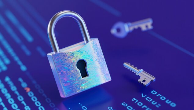 A holographic padlock with two keys against a blue digital data background