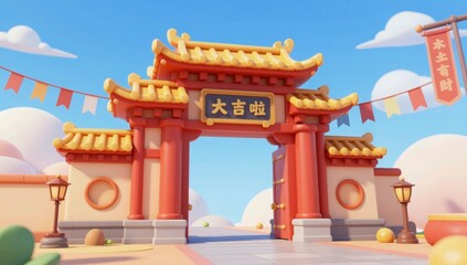 Obraz premium Traditional Chinese gate with decorative banners and lanterns under a blue sky