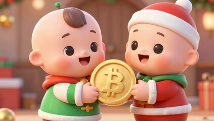 Fototapeta premium Two cute cartoon babies dressed for Christmas hold a golden Bitcoin symbol