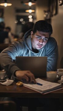 Stressed man in hoodie with laptop coffee at night cafe, digital nomad remote study under deadline pressure, tired face focus anxiety messy desk notebook paper