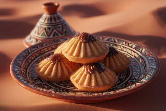 Traditional Algerian makroudh pastries on decorative ceramic plate with teapot in warm light