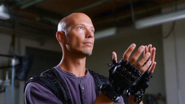 A focused individual demonstrates advanced robotic hand technology, showcasing the interaction between human intent and mechanical precision in a studio environment.