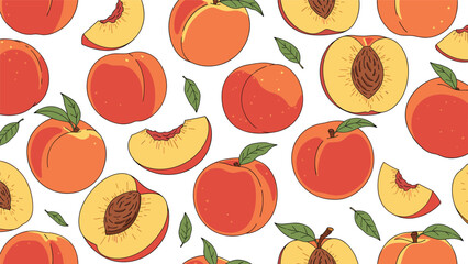 Luscious peach fruit seamless pattern featuring whole peaches and juicy slices with green leaves on a clean white background for fresh themes.