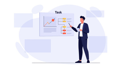 Businessman presenting project plan on whiteboard with charts and flowcharts
