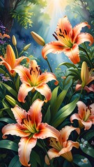 A vibrant digital painting depicts an array of orange lilies with lush green foliage, bathed in warm sunlight