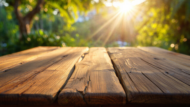 Sunbeams through trees onto a rustic wooden table outdoors