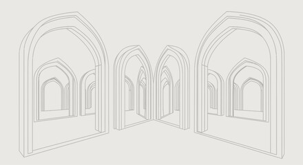 Fototapeta premium Abstract architectural perspective of gothic arches receding into infinity, creating a sense of depth and mystery.
