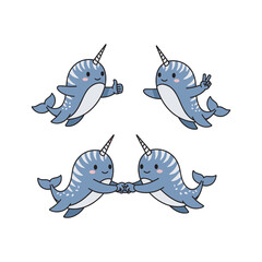 Cartoon narwhals holding hands in a friendly gesture with a white background © Azizul