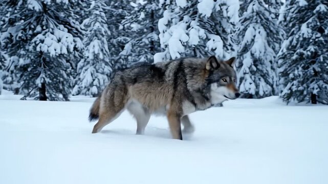 A majestic wolf traverses a snow covered landscape surrounded by frost laden evergreen trees creating a serene winter scene in the wilderness