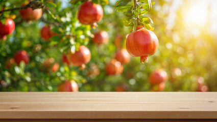 Naklejka premium Ripe pomegranates hanging from a tree branch, illuminated by golden sunlight, with a wooden table in the foreground.