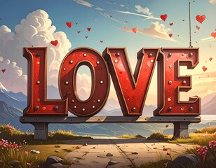 Large red marquee "LOVE" with hearts against a scenic mountain backdrop