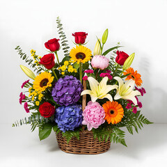 Fototapeta premium Beautiful colorful flower arrangement in a wicker basket on white background various flowers transparent background